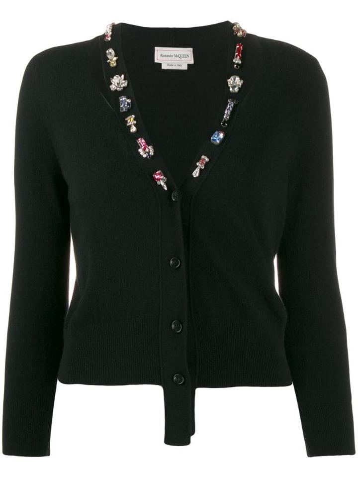 Alexander Mcqueen Crystal Embellished Wool Cardigan - Black