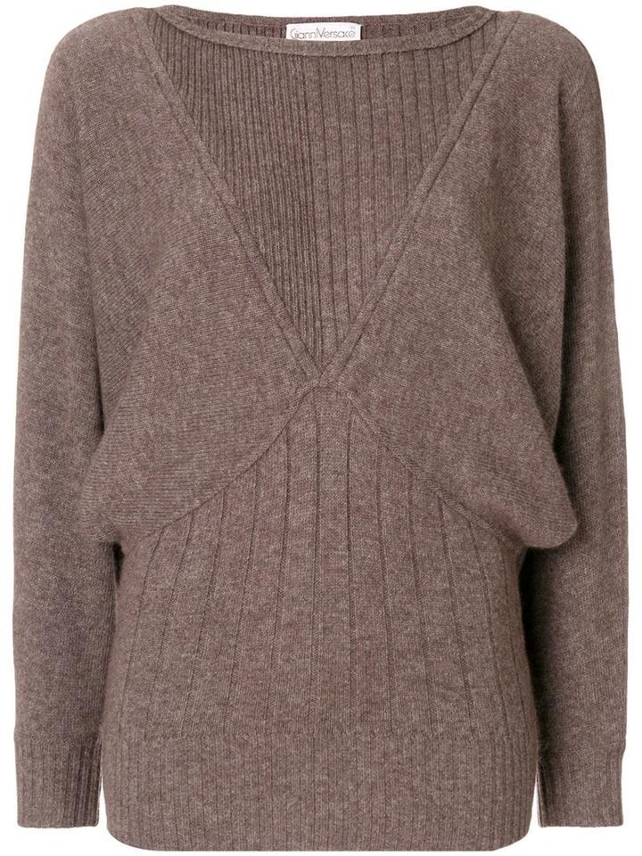 Versace Pre-owned Batwing Sleeves Ribbed Jumper - Brown