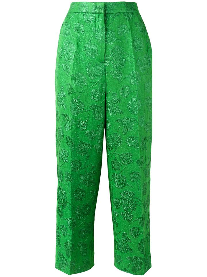 Rochas Floral Motif Cropped Trousers, Women's, Size: 40, Green, Silk/polyester