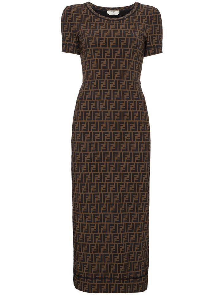 Fendi Logo Fitted Midi Dress - Brown