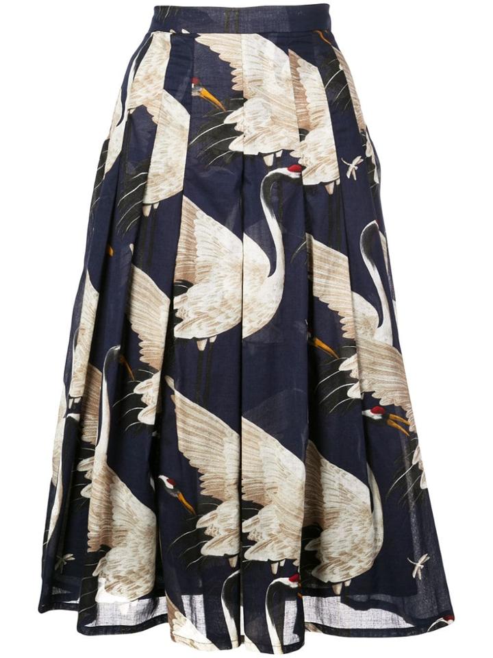 Samantha Sung Zeller Crane Print Pleated Skirt - Blue