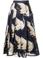 Samantha Sung Zeller Crane Print Pleated Skirt - Blue
