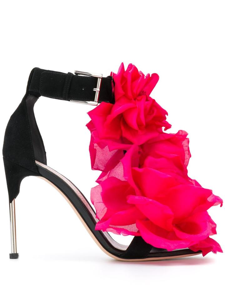 Alexander Mcqueen Rose Apliqué Sandals - Black