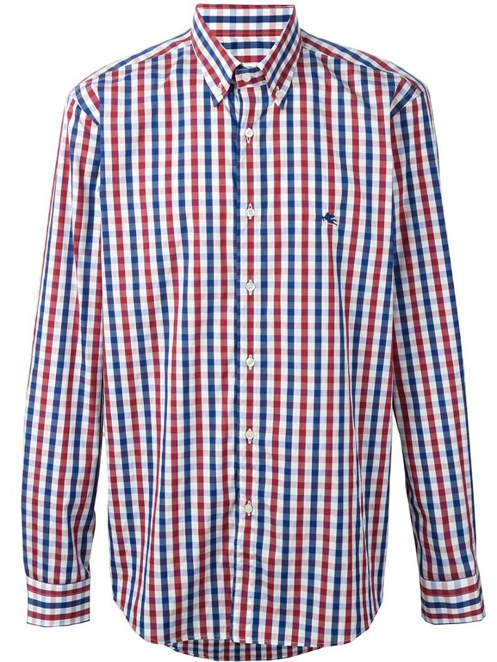 Etro Gingham Check Shirt, Men's, Size: 43, White, Cotton/polyamide/spandex/elastane