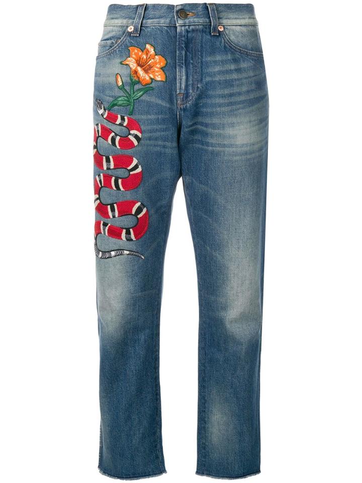 Gucci Vintage Snake & Flower Cropped Jeans - Blue