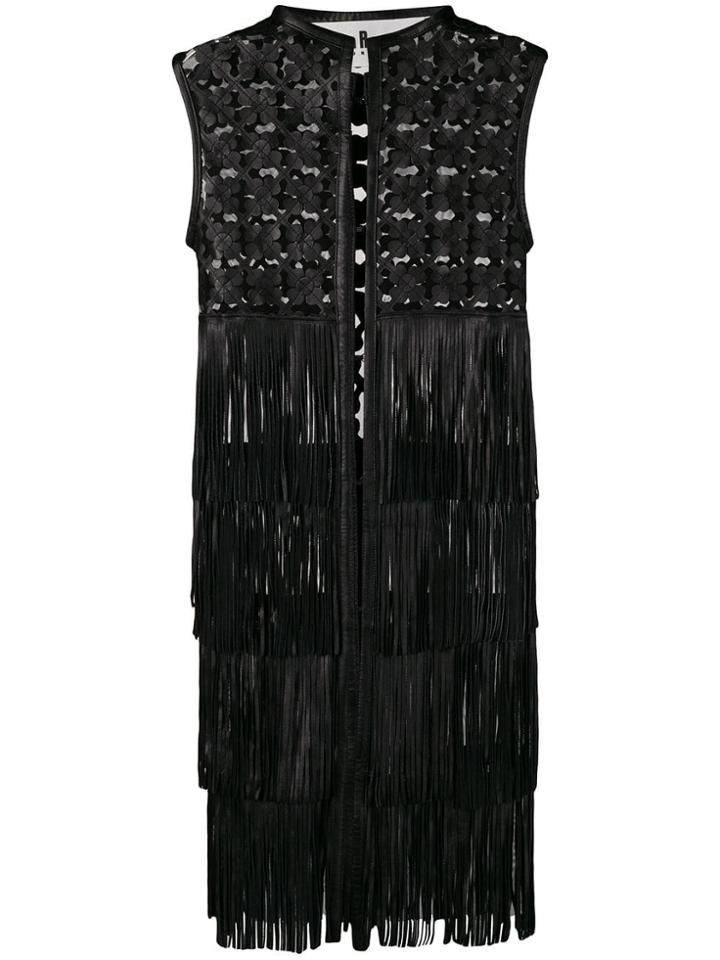 Caban Romantic Embroidered Leather Coat With Fringes - Black