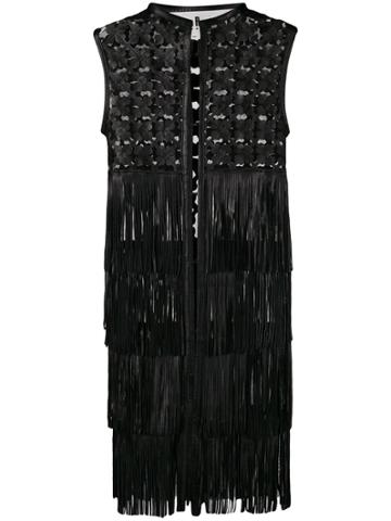 Caban Romantic Embroidered Leather Coat With Fringes - Black