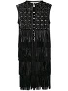 Caban Romantic Embroidered Leather Coat With Fringes - Black