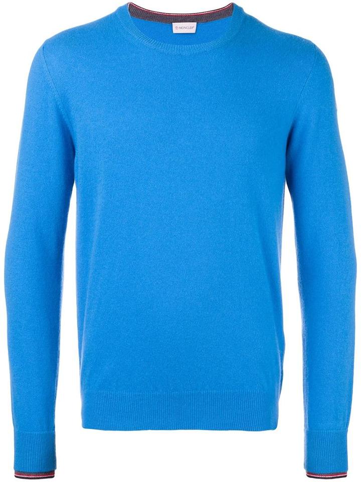 Moncler Classic Crew Neck Sweater, Men's, Size: Medium, Blue, Virgin Wool