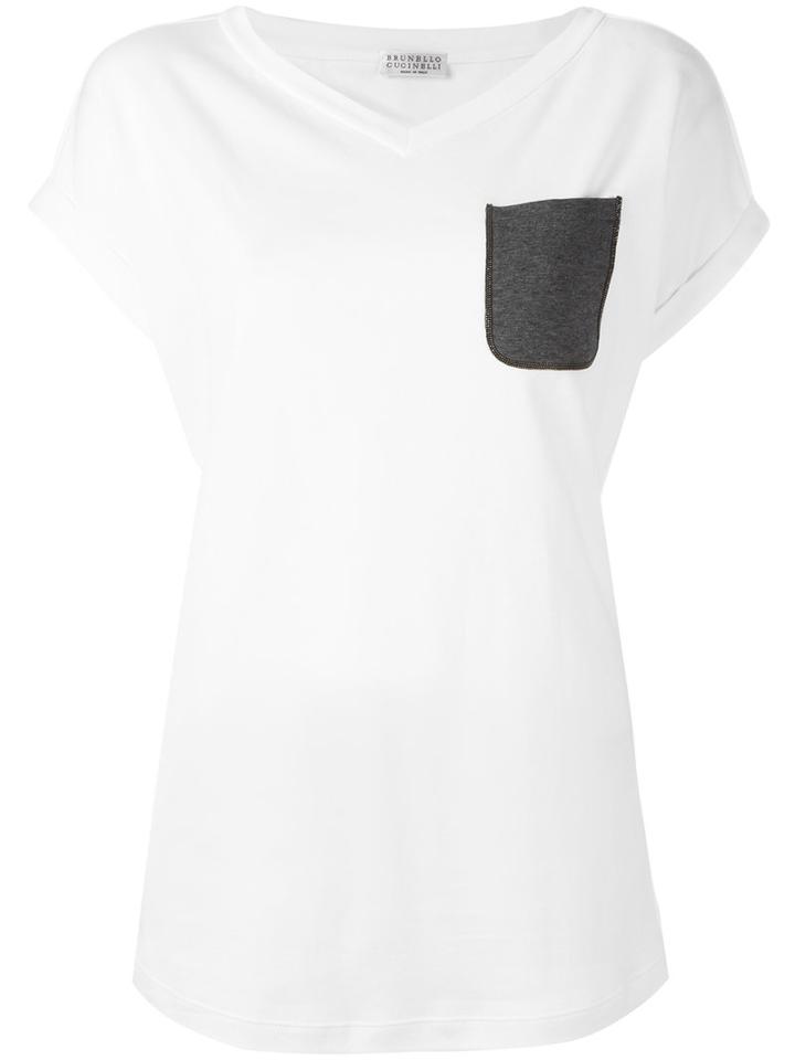 Brunello Cucinelli Front Pocket V Neck T-shirt, Size: Medium, White, Cotton