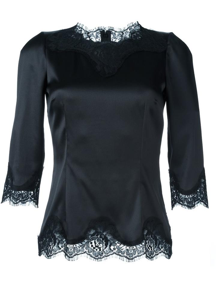 Dolce & Gabbana Lace Trim Fitted Blouse, Women's, Size: 48, Black, Silk/cotton/polyamide/spandex/elastane