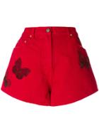 Valentino Beaded Butterfly Denim Shorts - Red