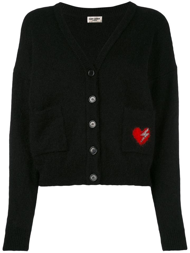 Saint Laurent - Heart Embroidered Patch Cardigan - Women - Polyamide/mohair/virgin Wool - S, Black, Polyamide/mohair/virgin Wool