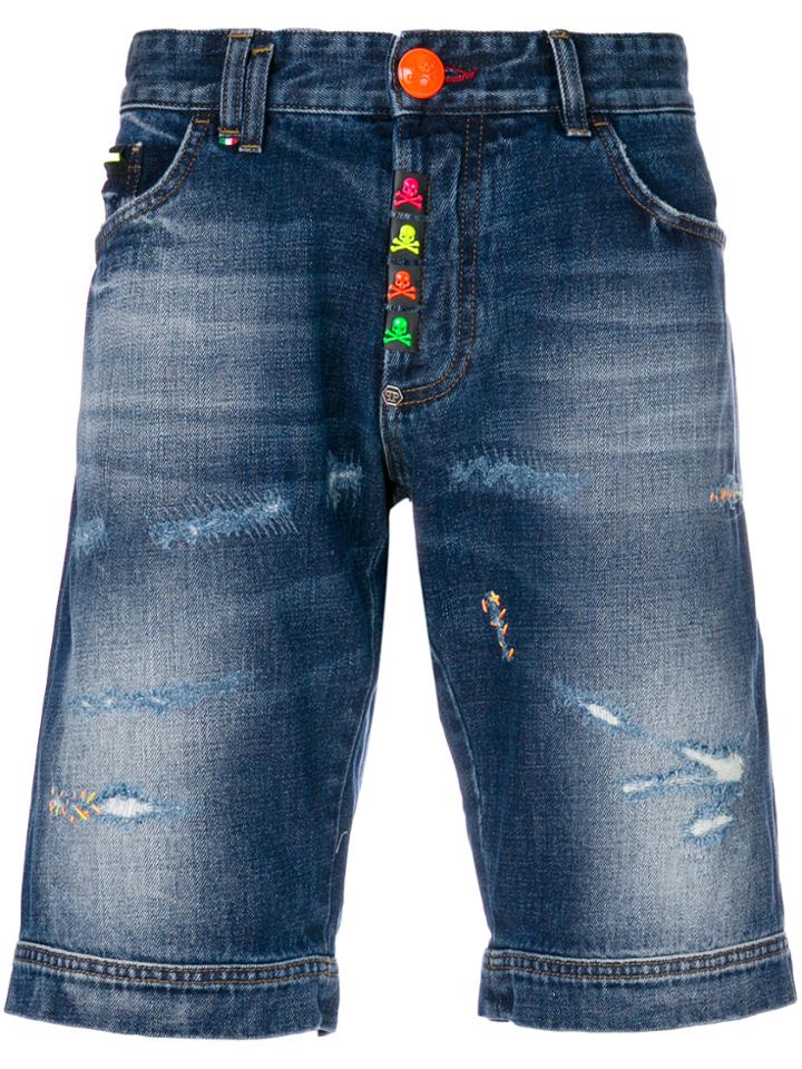 Philipp Plein Stop Me Denim Shorts - Blue