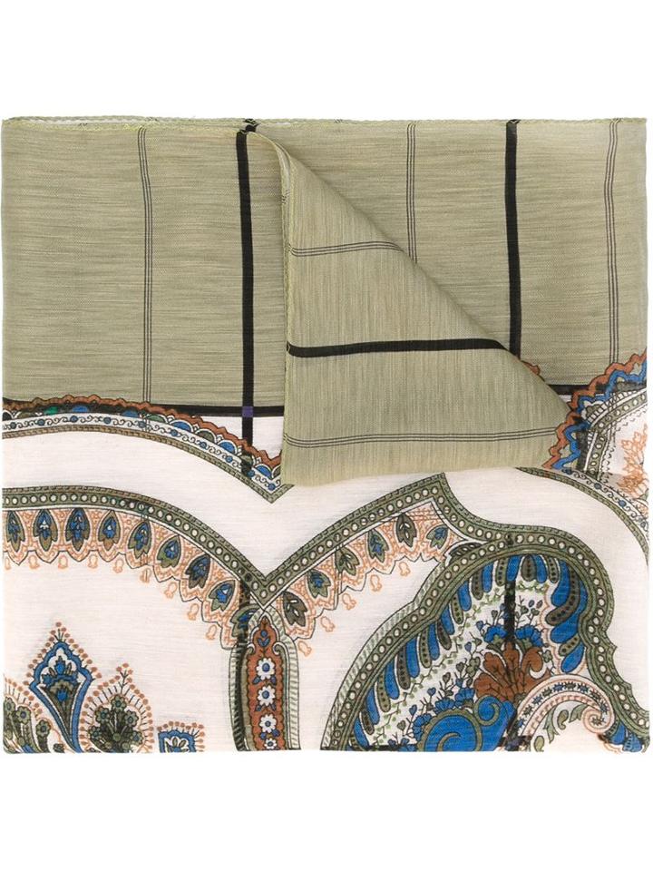 Etro Paisley Print Scarf, Men's, Green, Silk/linen/flax