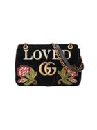 Gucci Gg Marmont Embroidered Velvet Shoulder Bag - Black