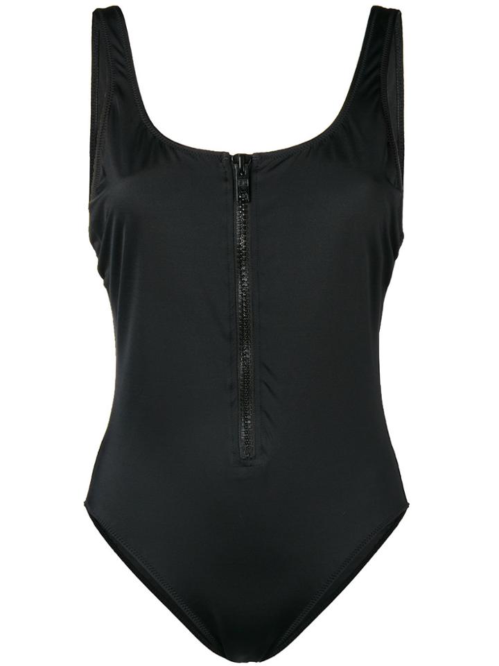 Solid & Striped Zip Front Swimsuit - Black