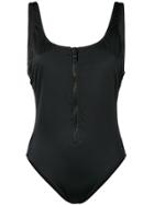 Solid & Striped Zip Front Swimsuit - Black