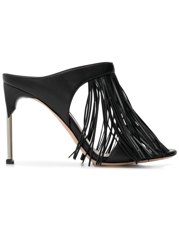 Alexander Mcqueen Pin Heel Fringe Mules - Black