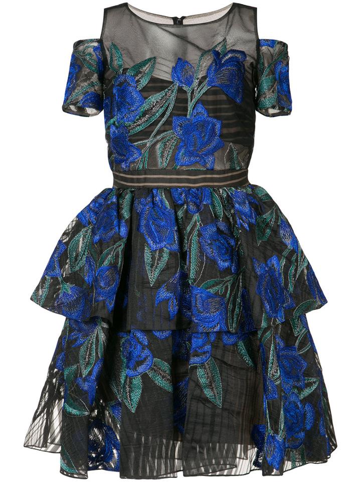 Marchesa Notte - Floral Embroidered Layered Dress - Women - Polyester - 16, Blue, Polyester