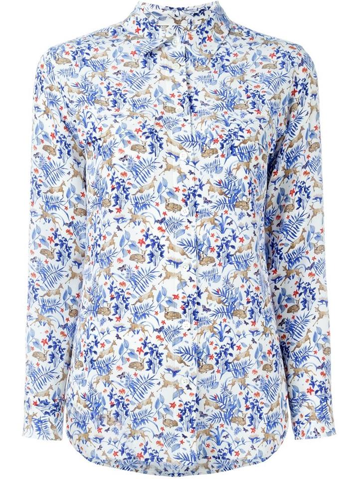 Equipment Leaf And Deer Print Shirt, Women's, Size: S, Blue, Silk