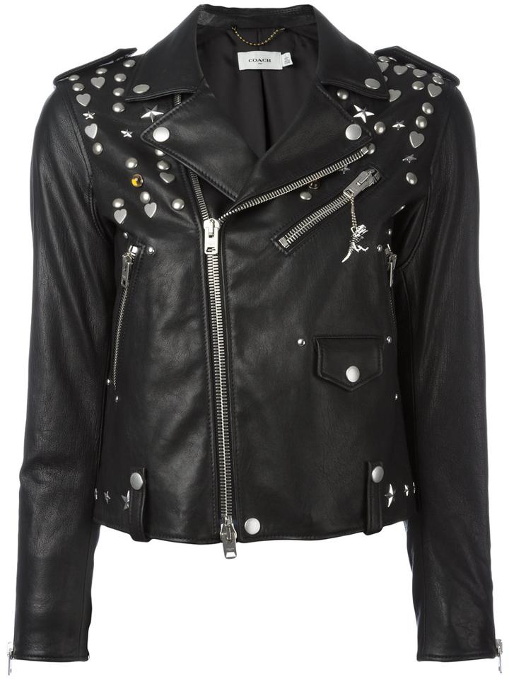 Coach Multi-studded Biker Jacket, Women's, Size: 4, Black, Polyester/viscose/lamb Skin
