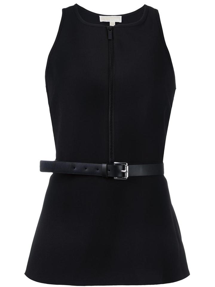 Michael Michael Kors Zip Detailing Belted Blouse, Women's, Size: Large, Black, Polyester/spandex/elastane