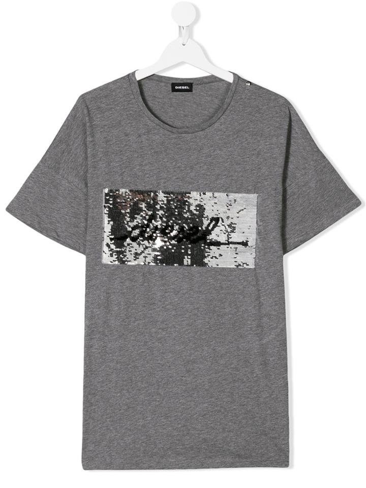 Diesel Kids Teen Sequinned Logo T-shirt - Grey