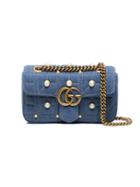 Gucci Mini Marmont Denim Pearl Shoulder Bag - Blue