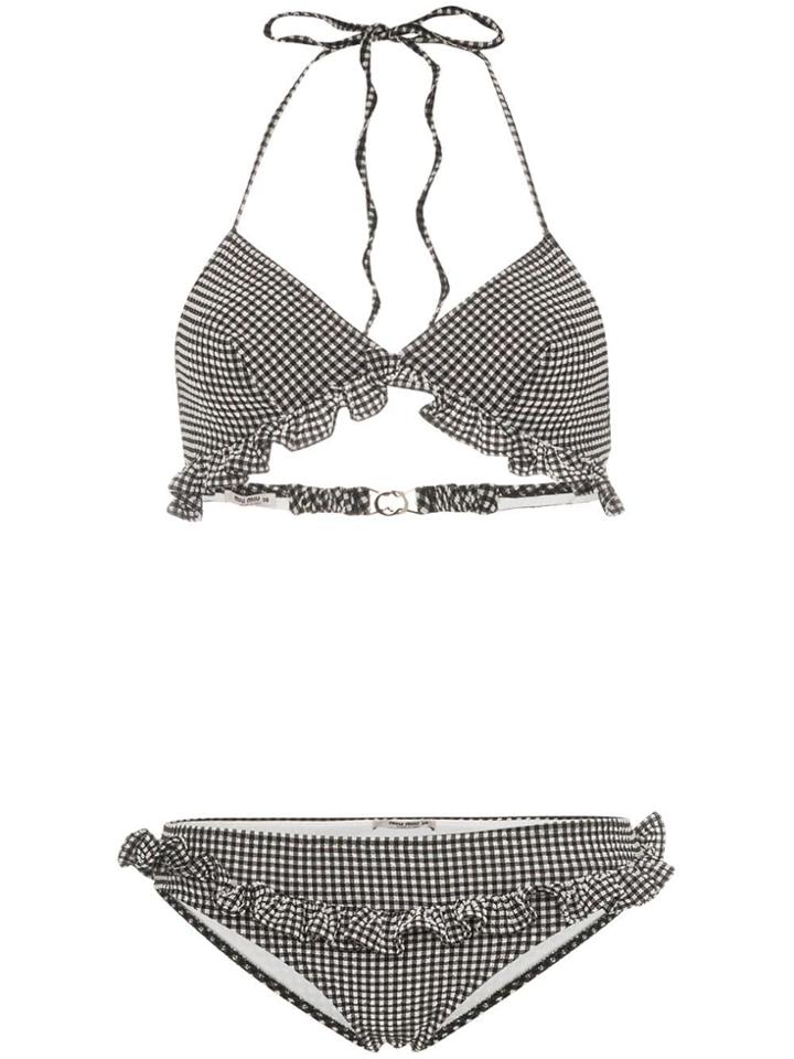 Miu Miu Triangle Ruffle Detail Gingham Bikini - Black