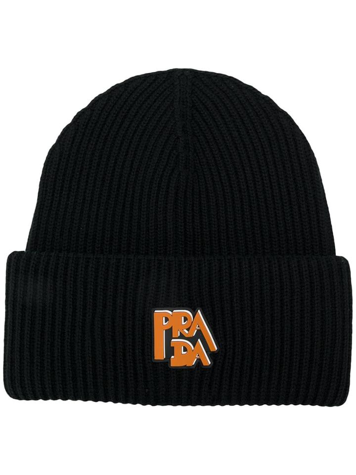 Prada Ribbed Knit Logo Beanie - Black