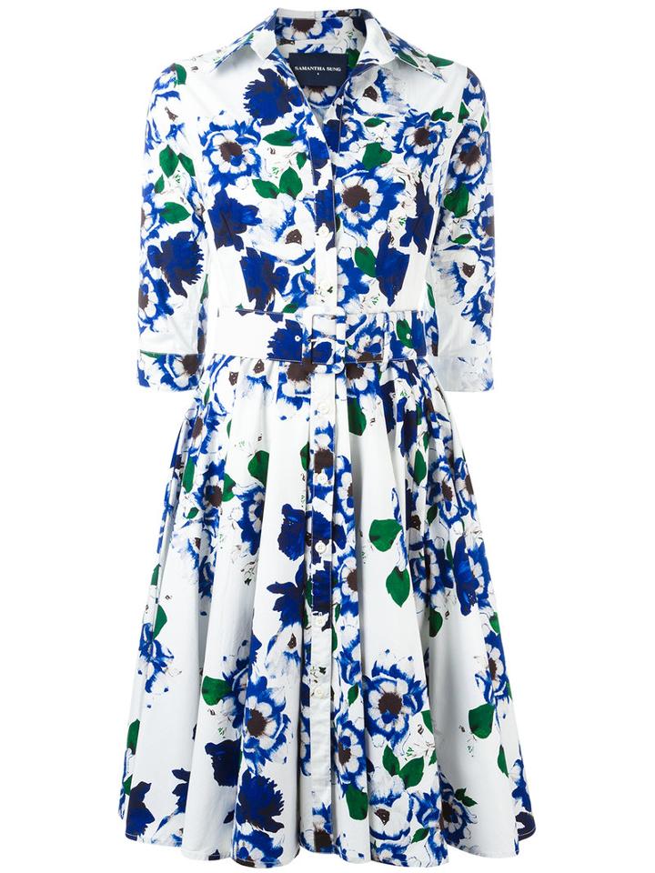 Samantha Sung - Floral-print Flared Dress - Women - Cotton/spandex/elastane - 6, Women's, Blue, Cotton/spandex/elastane
