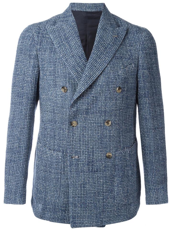 Borrelli Double-breasted Blazer, Men's, Size: 48, Blue, Cotton/linen/flax/polyester/cupro