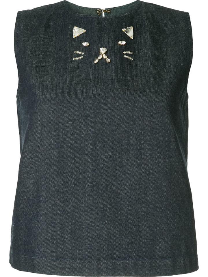 Tu Es Mon Trésor Cat Denim Top - Blue
