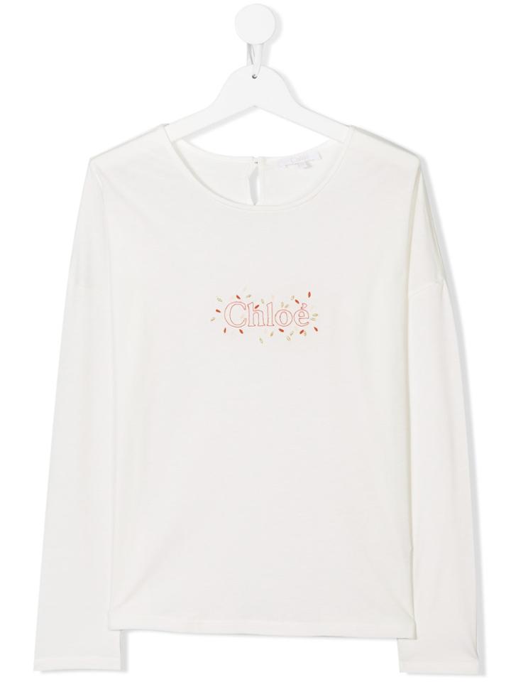 Chloé Kids Logo Embroidered T-shirt - White