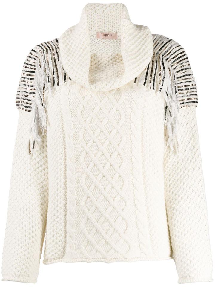 Twin-set Sequin-embellished Cable-knit Jumper - White
