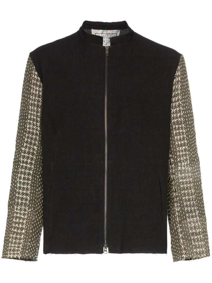 By Walid Cross-stitch Embroidered Contrast Sleeve Shirt Jacket - Black