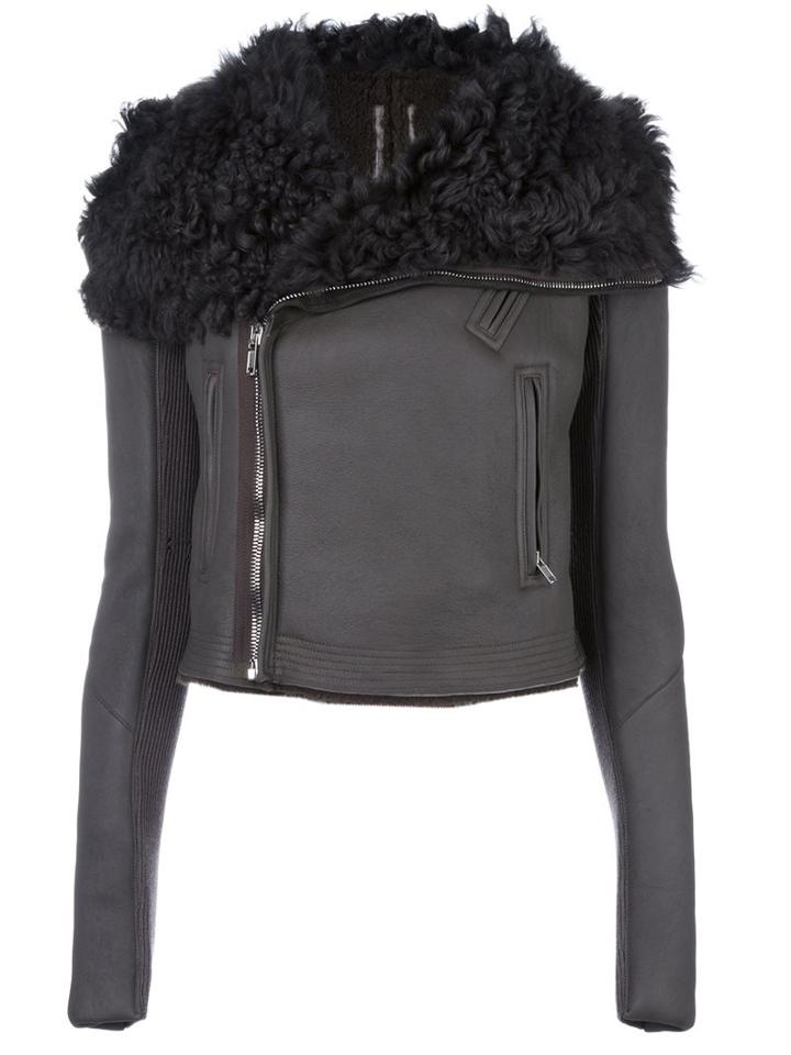 Rick Owens Classic Biker Jacket, Women's, Size: 42, Grey, Calf Leather/sheep Skin/shearling