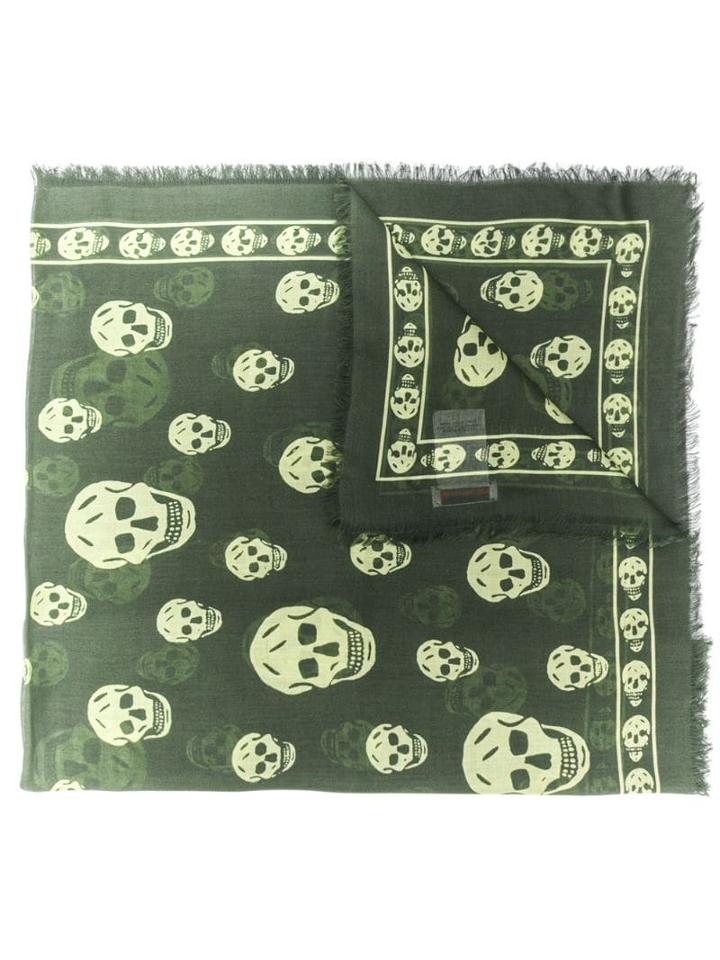 Alexander Mcqueen Skull Print Fringed Scarf - Green