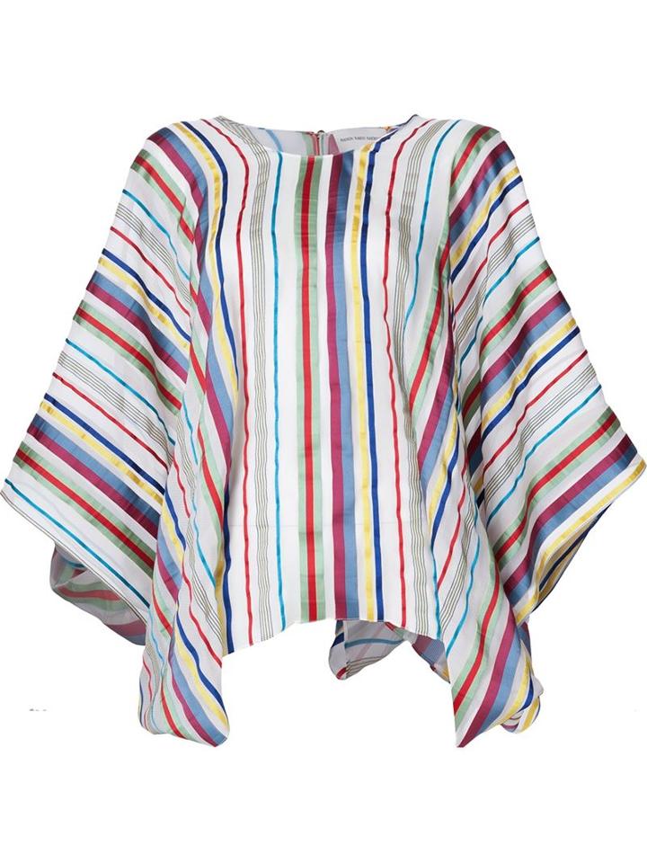 Maison Rabih Kayrouz Bat Sleeved Striped Drape Blouse, Women's, Size: 40, White, Silk/polyester