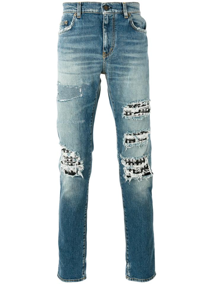 Saint Laurent Studded Distressed Jeans - Blue