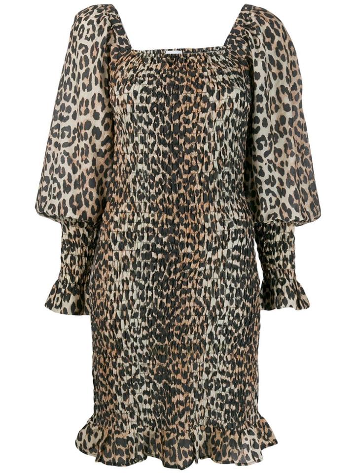 Ganni Leopard Print Smock Dreess - Brown