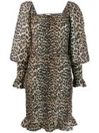 Ganni Leopard Print Smock Dreess - Brown