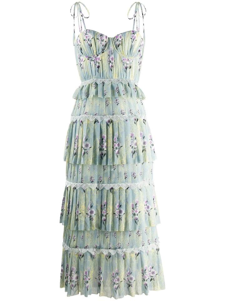 Self-portrait Tiered Printed Chiffon Dress - Green