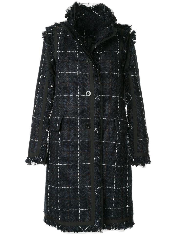 Sacai Frayed Grid Print Coat - Blue