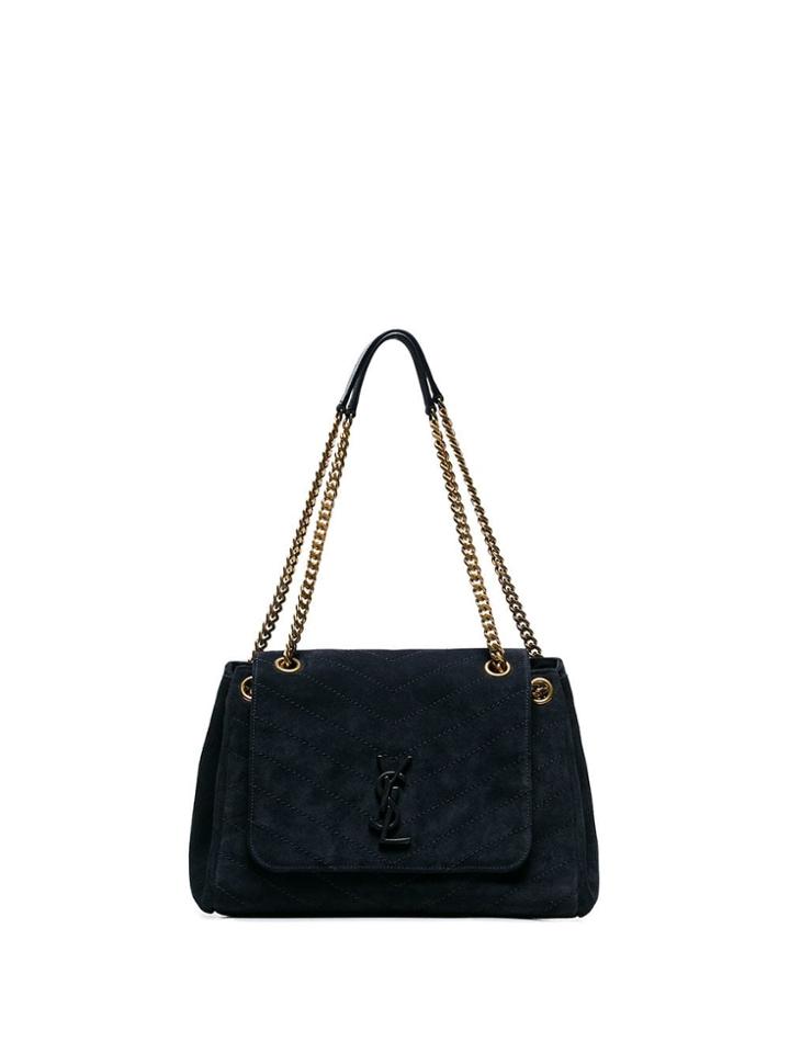 Saint Laurent Navy Blue Nolita Logo Plaque Suede Shoulder Bag