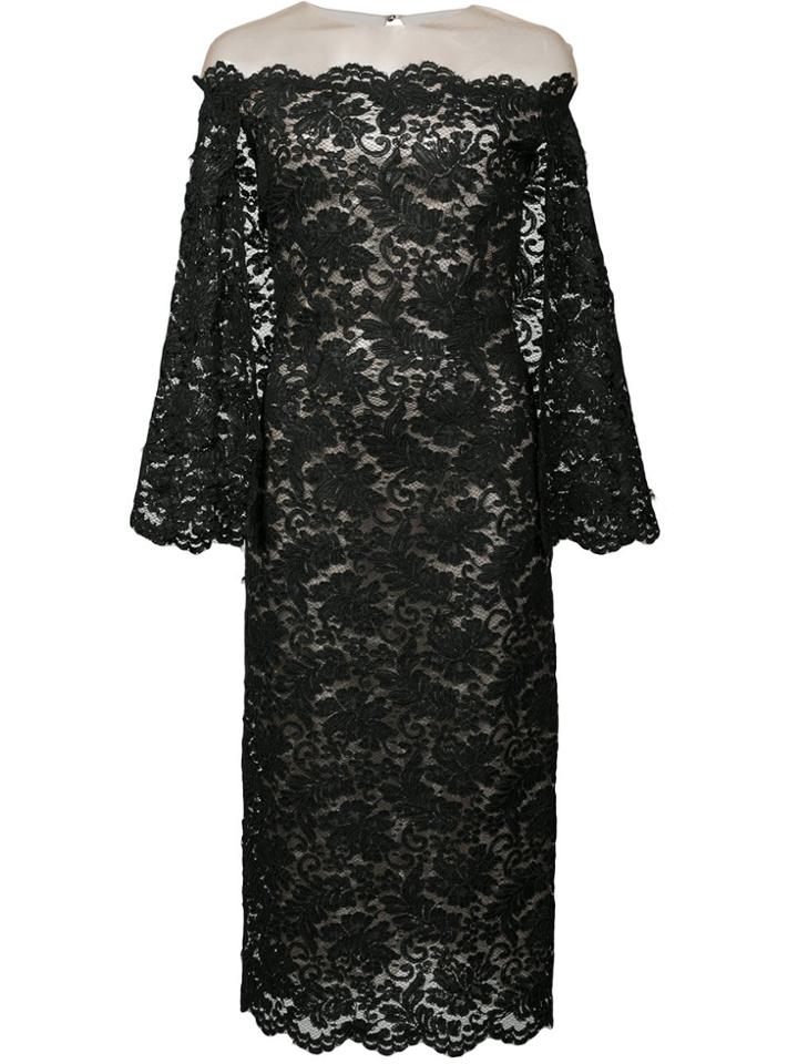 Oscar De La Renta Lace Cape Sleeve Bardot Dress - Black