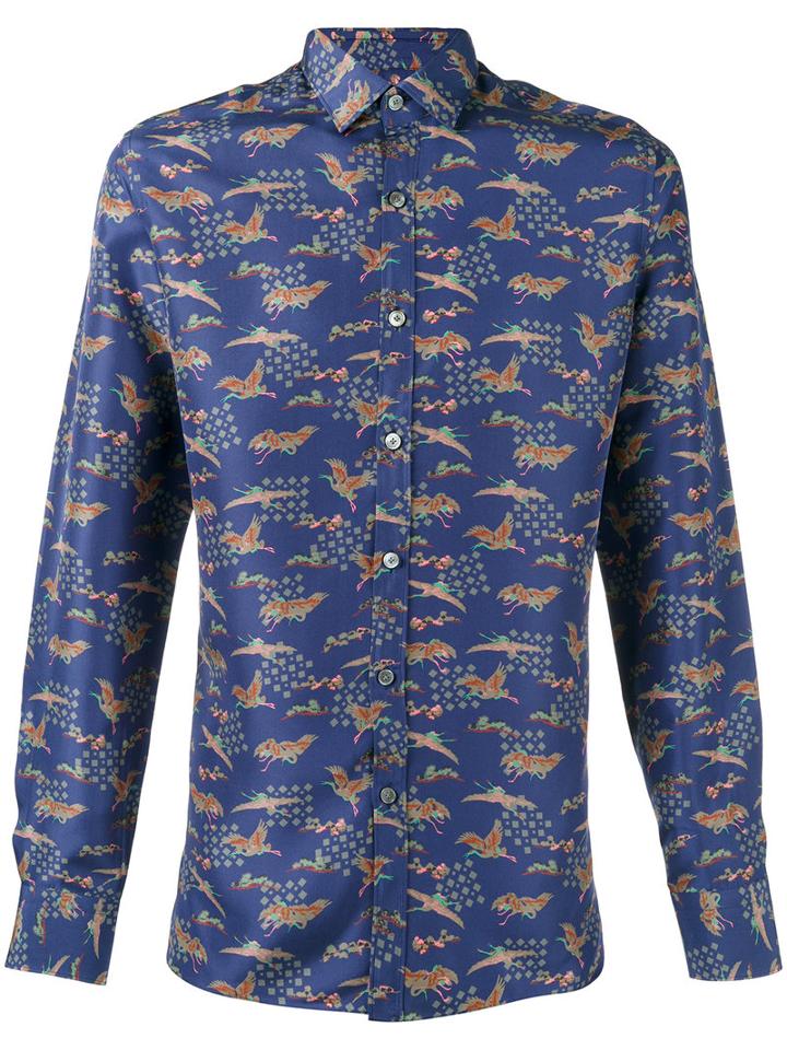 Lanvin Evolutive Cranes Slim Shirt, Men's, Size: 40, Blue, Silk