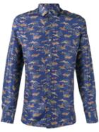 Lanvin Evolutive Cranes Slim Shirt, Men's, Size: 40, Blue, Silk