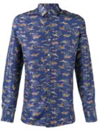 Lanvin Evolutive Cranes Slim Shirt, Men's, Size: 40, Blue, Silk